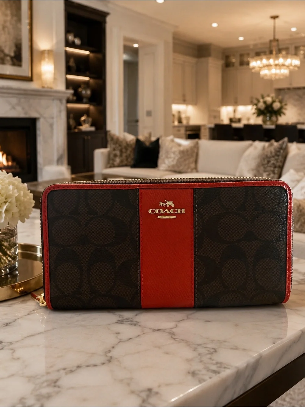 Coach Brown Signature Zip Wallet with Red Center Stripe